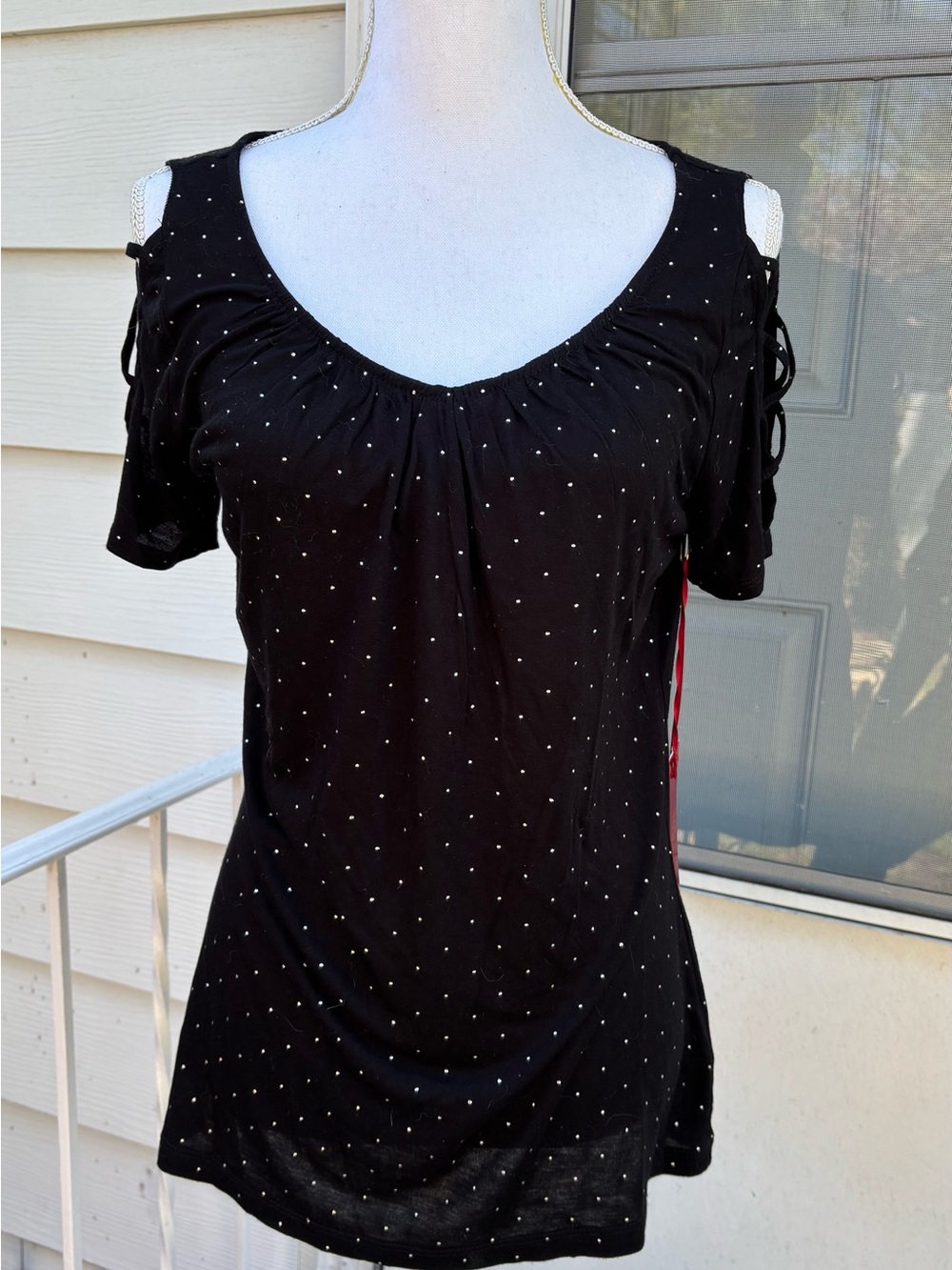Jennifer Lopez Lace Up Cold Shoulder Embellished Black Top Size M - New With Tag